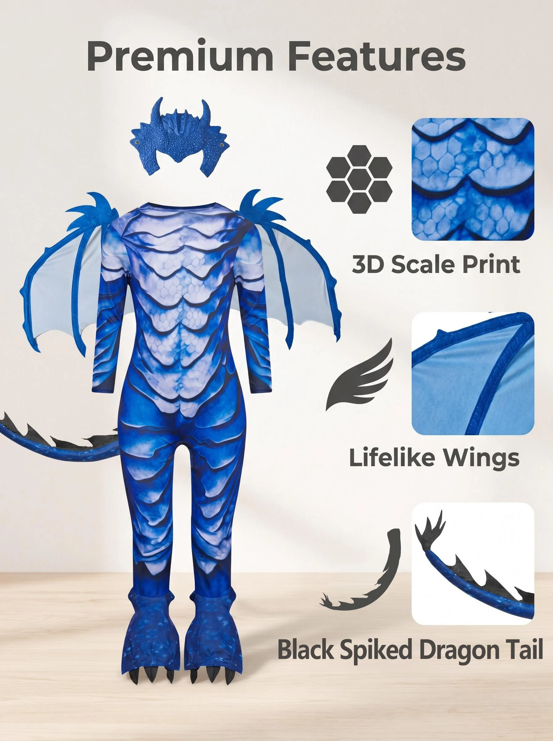 Kids Blue Dragon Jumpsuit Costume with Wings, Tail, and Mask 5