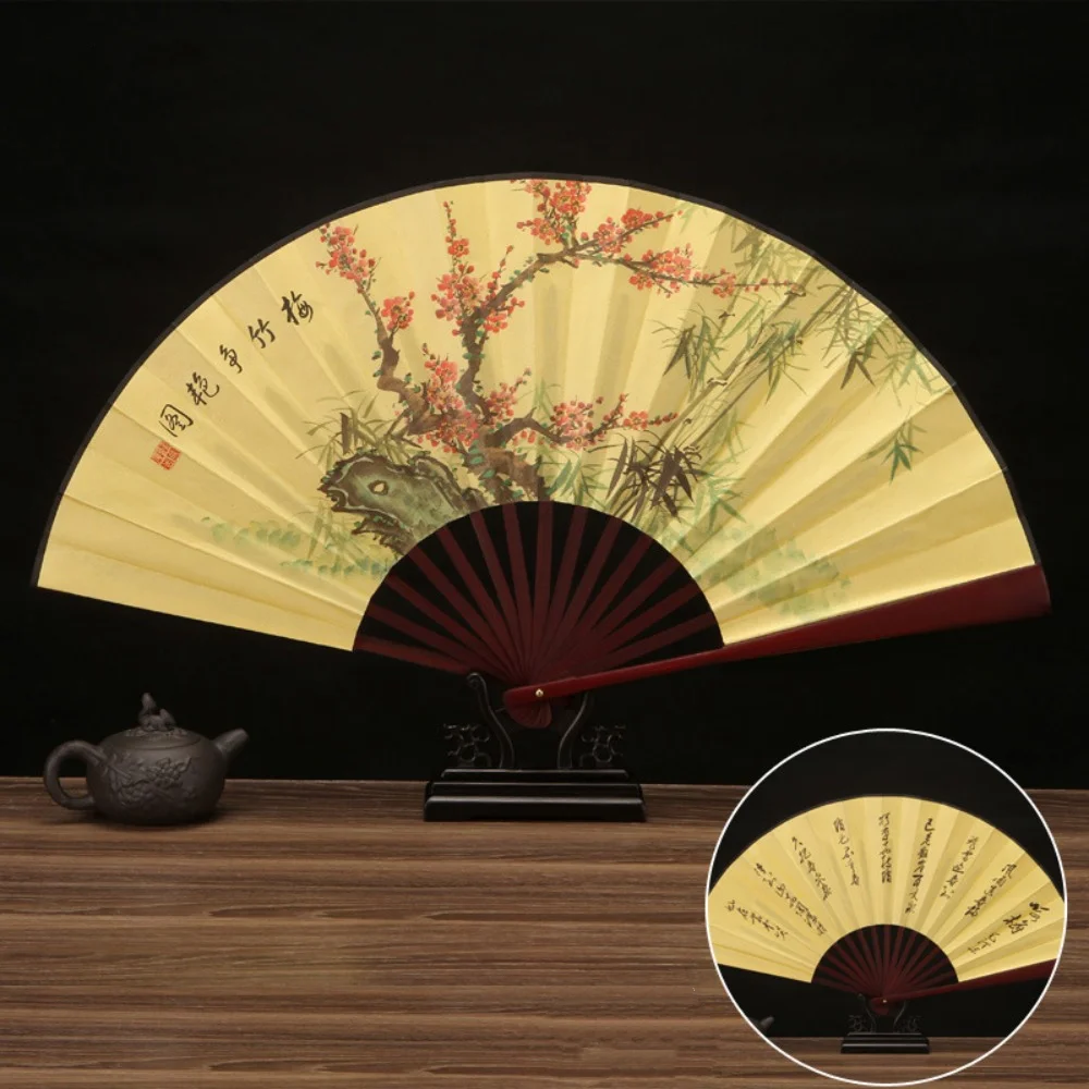 Nouveau Style Vintage chinois 33.33CM ventilateur pliant poignée en bois été ventilateur à main Cool ancien grand éventail en soie
