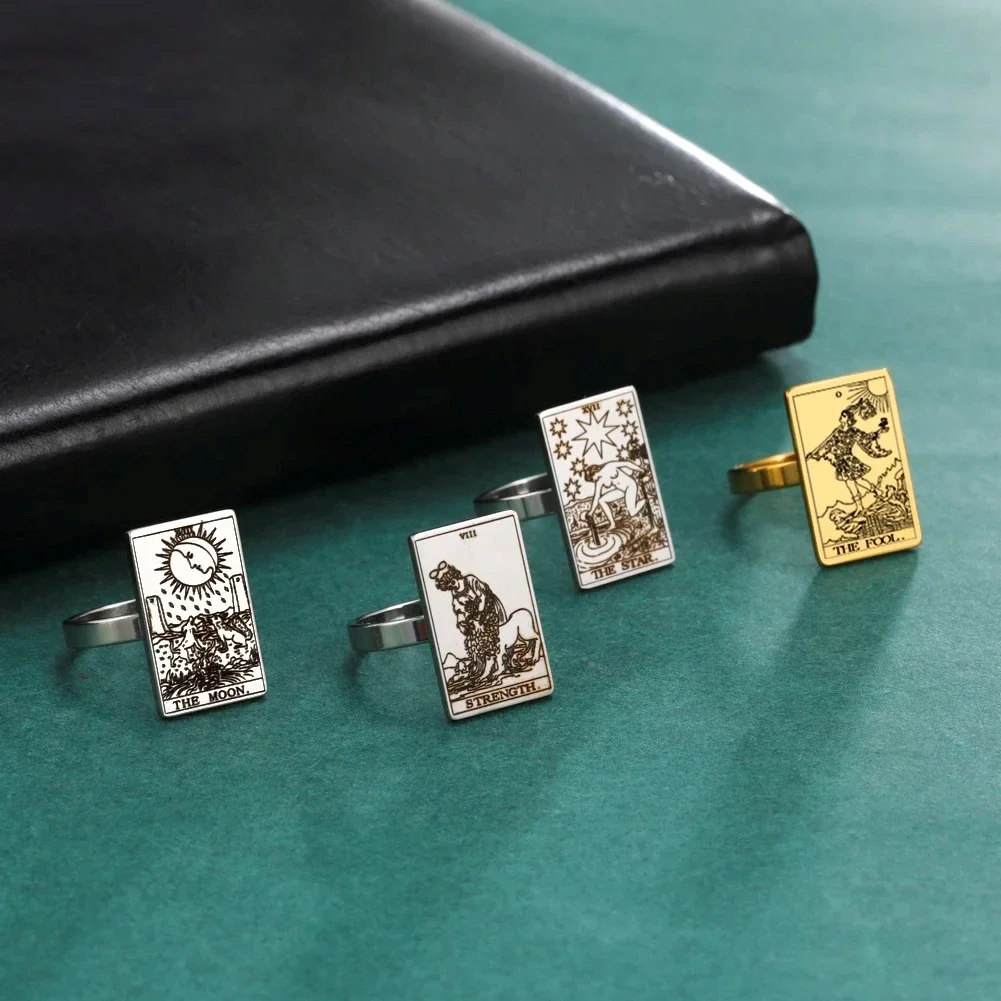 Skyrim Rectangular Tarot Stainless Steel Ring For Men And Women fashionable Retro Astrological Symbols Mysterious Cards Jewelry