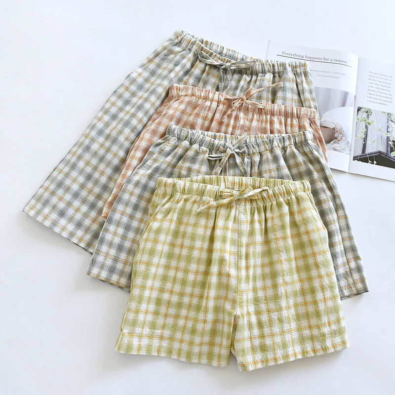 Summer Thin Loose Fit Women's Home Shorts Cotton Plaid Design Multi Colors Sleepwear Beach and Casual Wear Short Pants