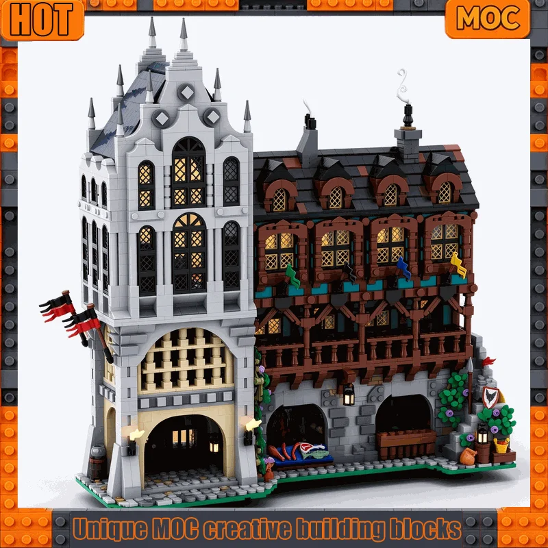 4136PCS MOC Medieval Town Square Castle Modular Market Street View Model Building Blocks DIY Creative Assembly Toy Popular Gift