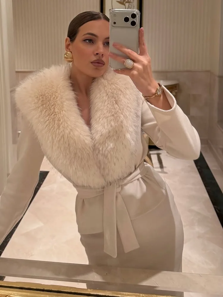 Tossy Faux Fur Collar Jacket Long Sleeve Open Front Tie Waist Slim Fit Daily Casual Office Party Streetwear Fall Winter Jacket