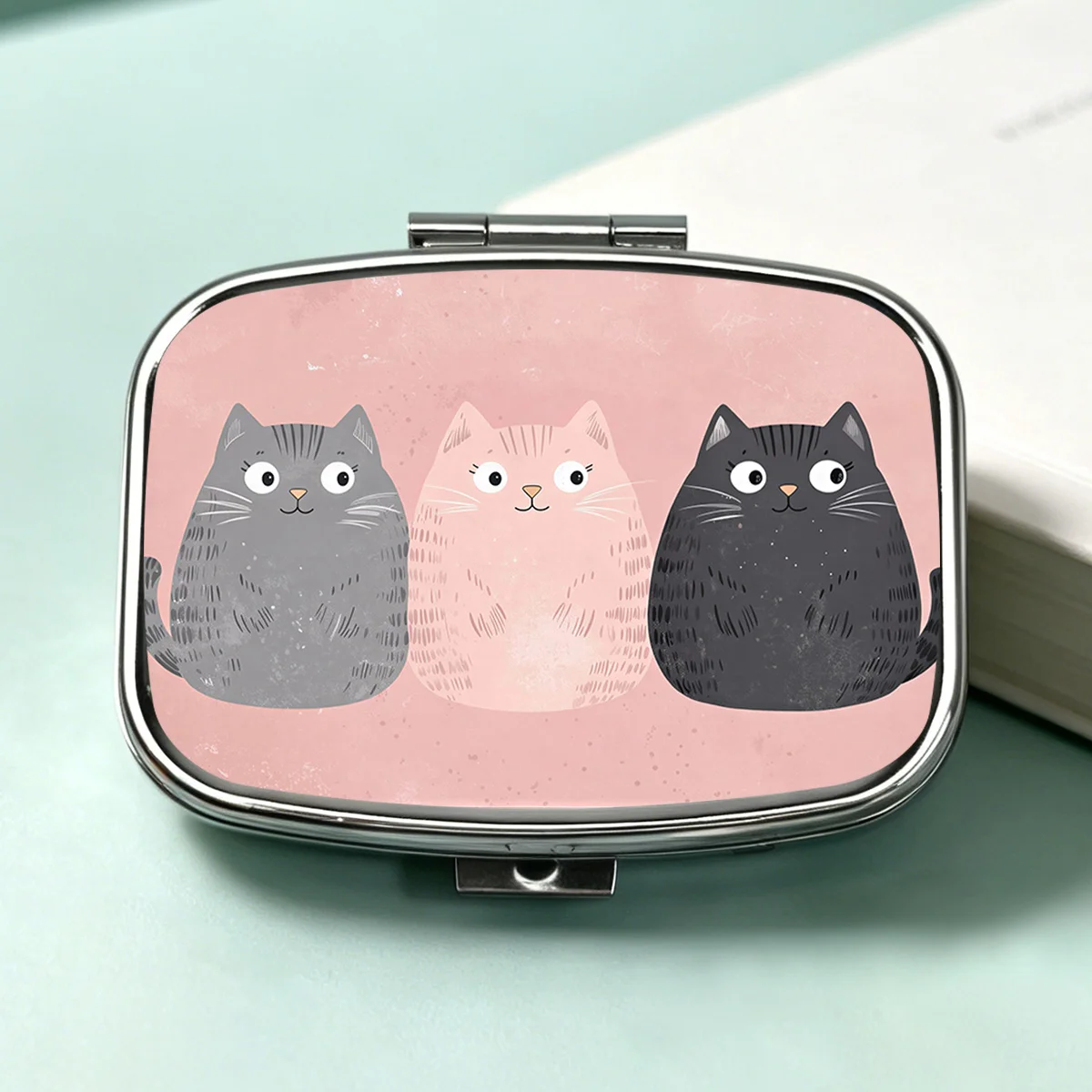 Double-Compartment Metal Flip-Top Plastic Pill Box, Personal Pill Box with Three Cute Cat Designs, Rectangular Portable Medication Dispenser for Storing Vitamins, for Travel, Home, and Daily Use