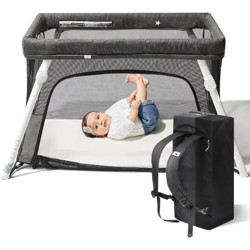 Grey,Black,White Guava Lotus Travel Crib with Lightweight Backpack Design | Certified Baby Safe Portable Crib |Folding Play Yard