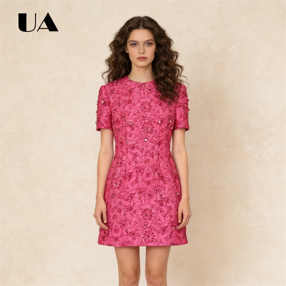 

Celebrity Fashion Rose Pink Midi Dress Bead Jacquard Short Sleeved Prom Dress O Neck Zipper Closure Cocktail Gown