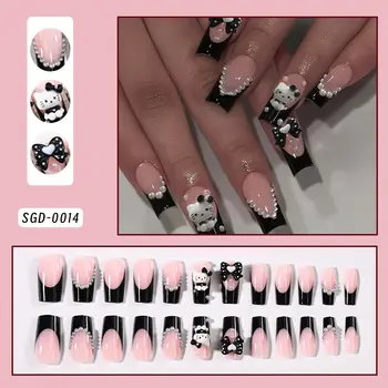 24片/盒 Y2K 黑色法式 Hello Kitty 假指甲 3D 可愛樹脂黑色蝴蝶結&Kitty 指甲貼片 卡通黑色 Kitty 美甲貼片 8 最佳銷售 Hello Kitty 假指甲 - №3