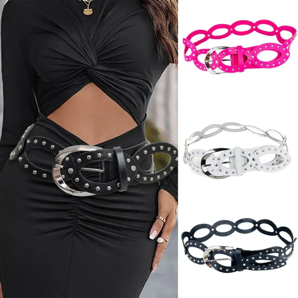 Adjustable Cowgirl Waist Belt Elliptic Geometry Hollow Out PU Leather Waistbands Wide Side All-match Rivet Waist Belt