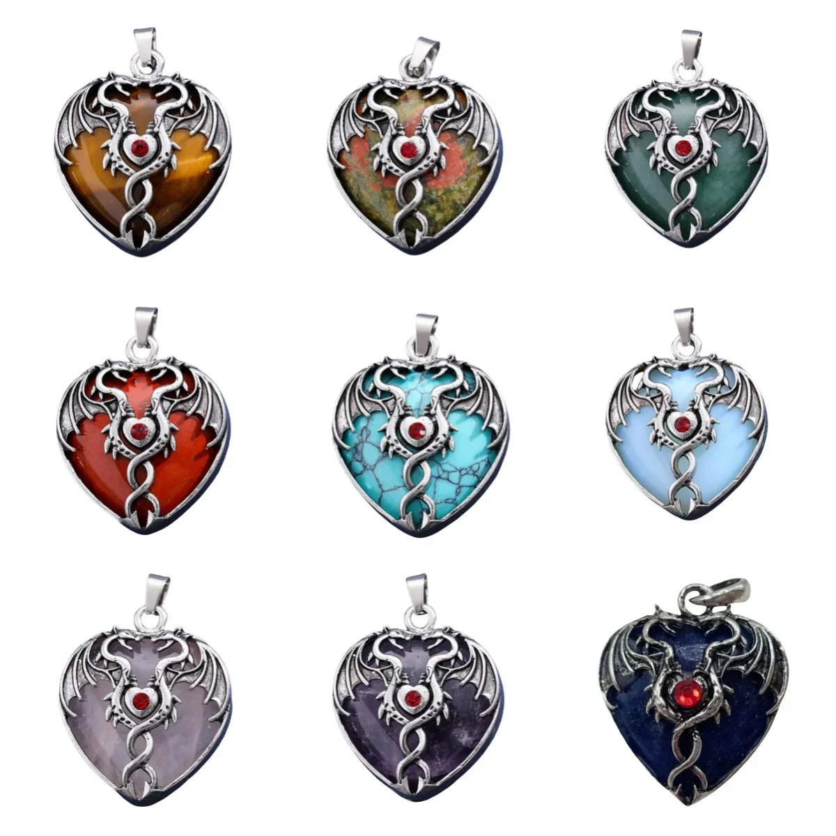 Natural Gemstone Love Heart  Antique Silver Alloy Double Dragon Pendant for DIY Making Jewelry Healing Chakra Spiritual 32X42MM