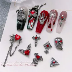 10Pcs Halloween Chain Pendant Nail Art Charms 3D Cross Skeleton Love Inlaid Red Black Gemstone Nail Decoration DIY Nail Supplies