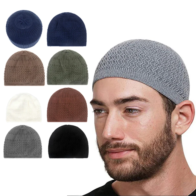 Casual Knitted Muslim Men Prayer Hats Winter Warm Beanies Cap Islamic Ramadan