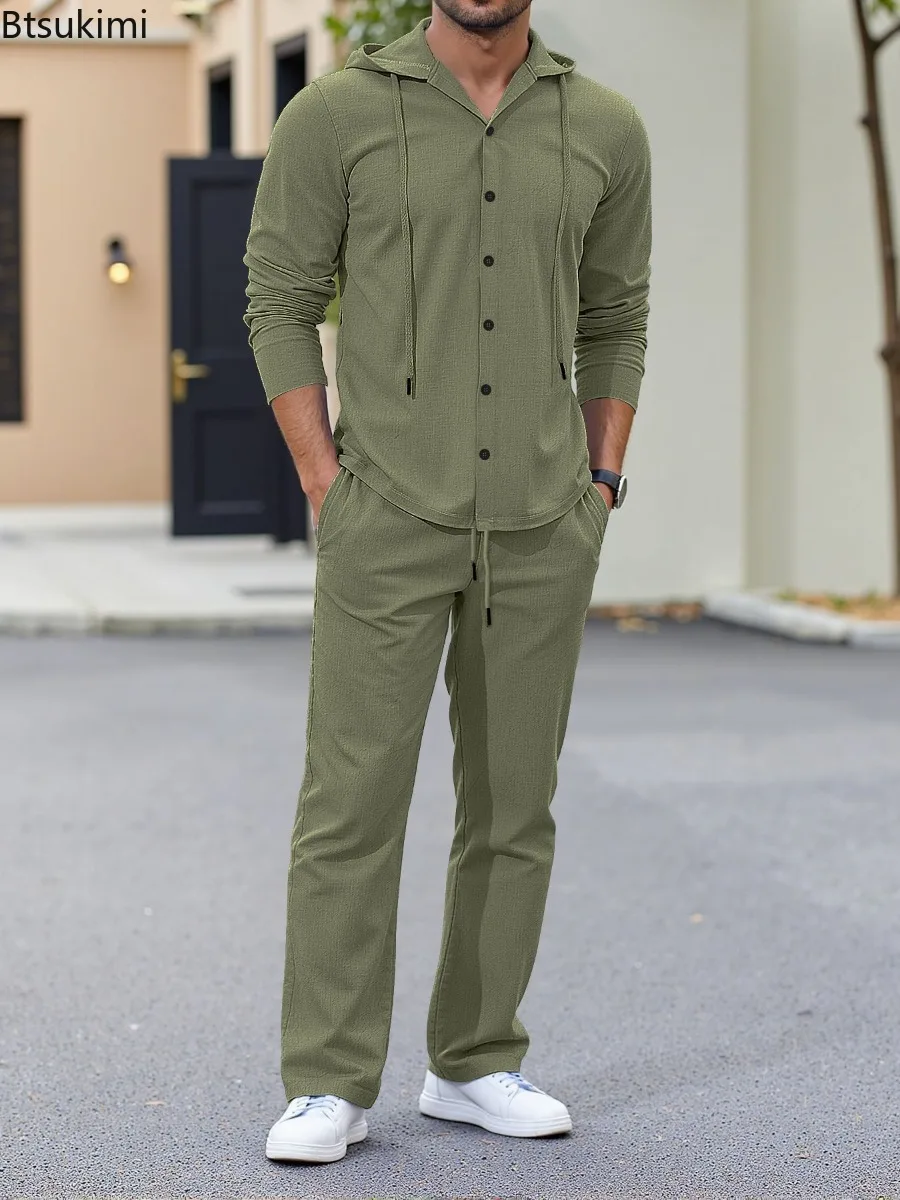 Ensemble deux pièces décontracté polyvalent pour homme : chemise à manches longues boutonnée à col à capuche et pantalon long à taille élastique