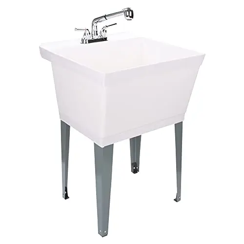 White Utility Sink Laundry Tub With Pull Out Chrome Faucet, Sprayer Spout, Heavy Duty Slop Sinks For Washing Room