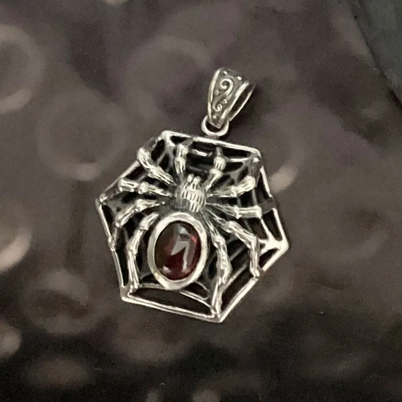 BOCAI NEW S925 Sterling Silver Gothic Vintage Hip Hop Punk Dark Black Red Zircon Spider Pendant for Men and Women