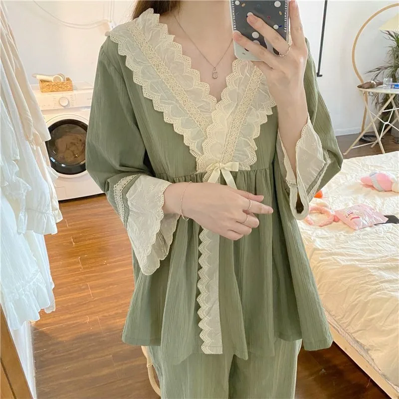 2024 New Pajamas for Women Solid Color Sweet Loose Sleepwear Pullover Homewear Set V-neck Lace Contrasting Colors Loungewear