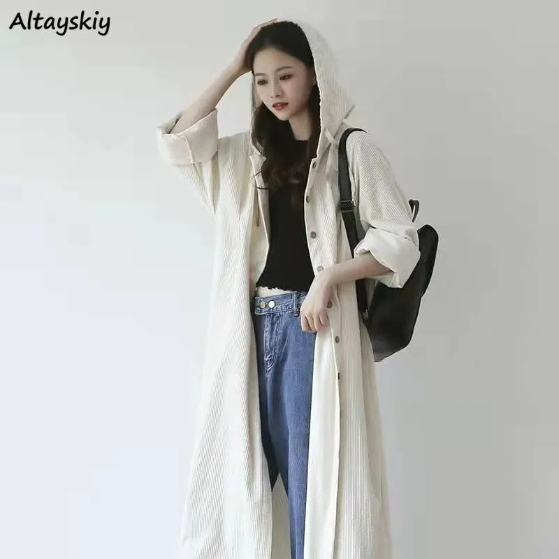 

Trench Women Hooded Literary Loose Fit Corduroy Temperament Casual Spring Autumn Coats Solid All-match Streetwear Korean Fashion