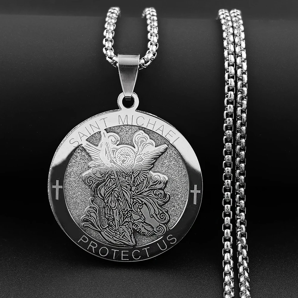 Archangel St.Michael Protect Us Cross Medal Pendant Necklace Stainless Steel Christian Saint Michael Chain Amulet Jewelry Gift