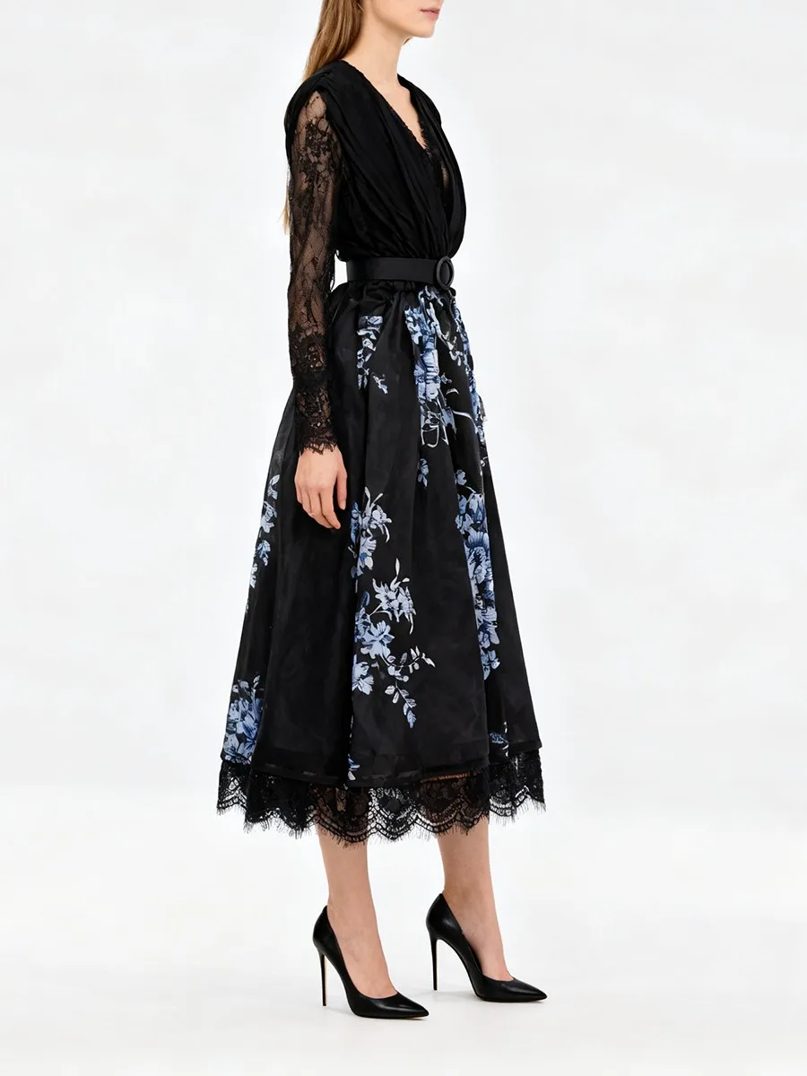 TWOTWINSTYLE 프린팅 시어 스플라이스 레이스 빈티지 드레스 여성용 브이넥 긴팔 하이웨이스트 패치워크 셔링 드레스