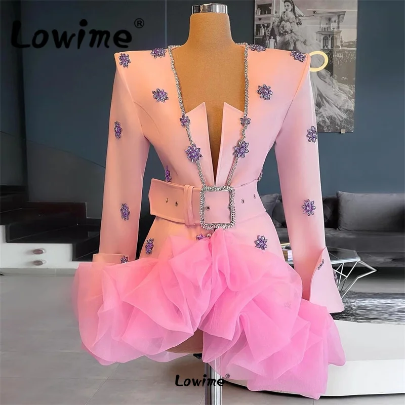 

Pink Crystals Prom Dresses Women V Neckline Rhinestone Party Dress Ruffle Long Sleeve Evening Gowns 2022 Short Cocktail Dresses