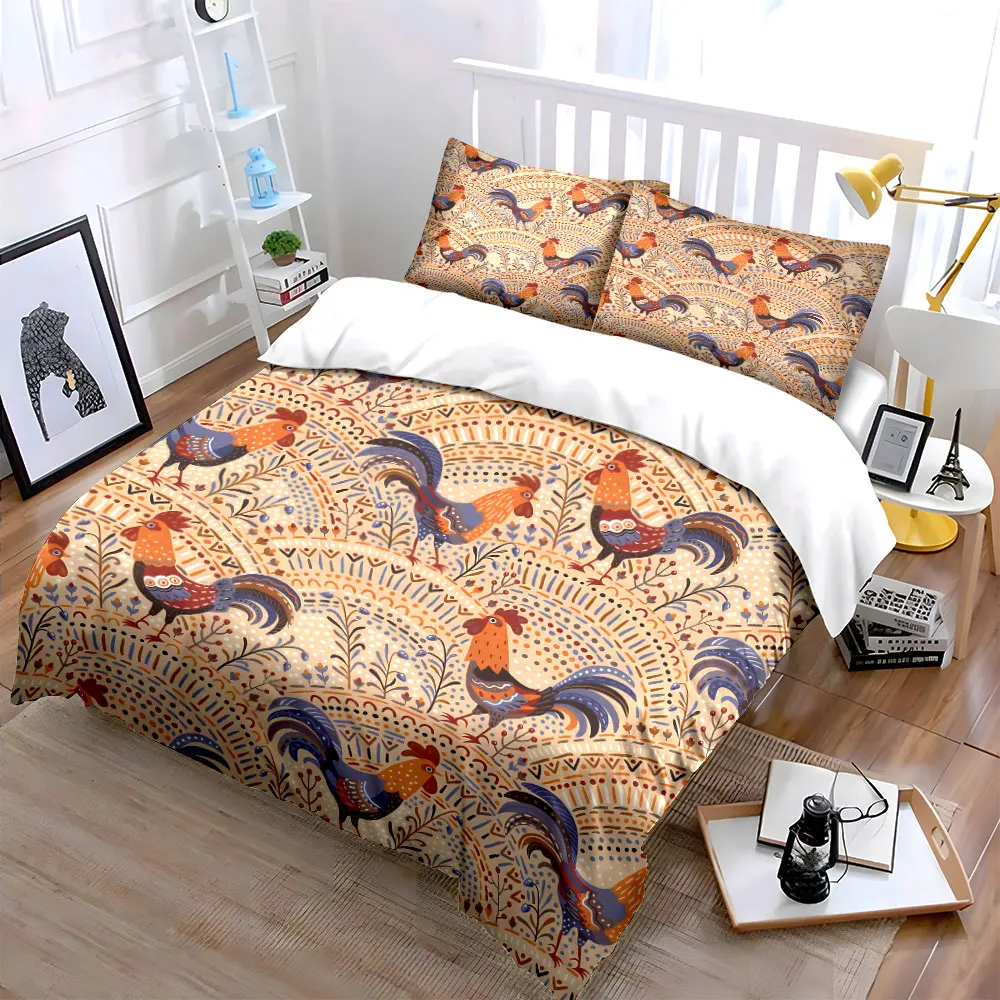 Colorful Roosters with Vintage Pattern Duvet Cover Set Digital Print Colorful Polyester Bedding with Zipper Closur for gifts