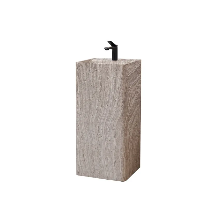 

Artificial travertine minimalist column basin integrated floor imitation marble pattern face basin
