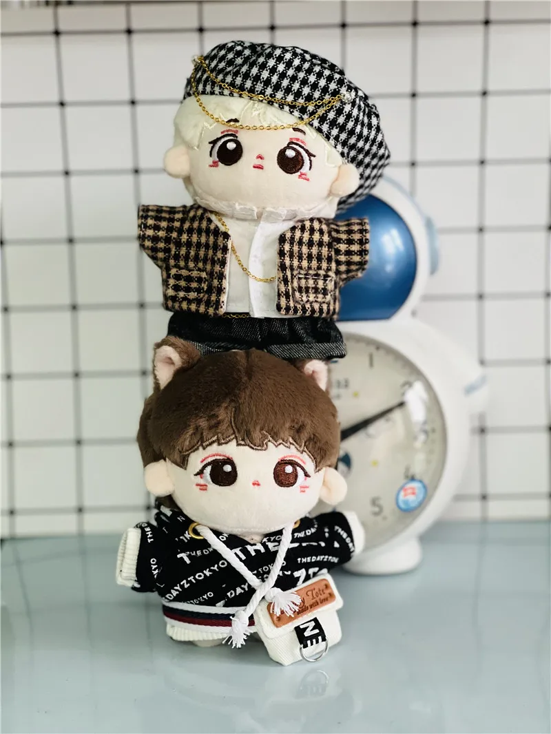 Handsome 10cm Cartoon Cotton Doll Clothes Plaid Jacket with Cool Beret Hat 10cm Plush Doll COS Clothing Set