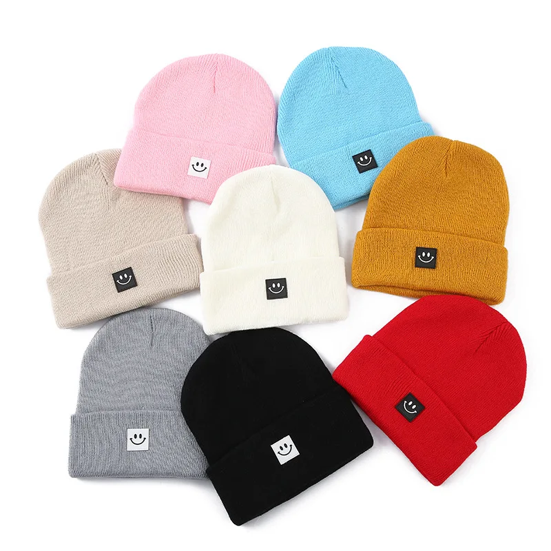 Smile Face Knitted Hats for Women Men New Fashion Solid Candy Color Warm Beanies Hat Unisex Winter Outdoor Ski Hip Hop Caps