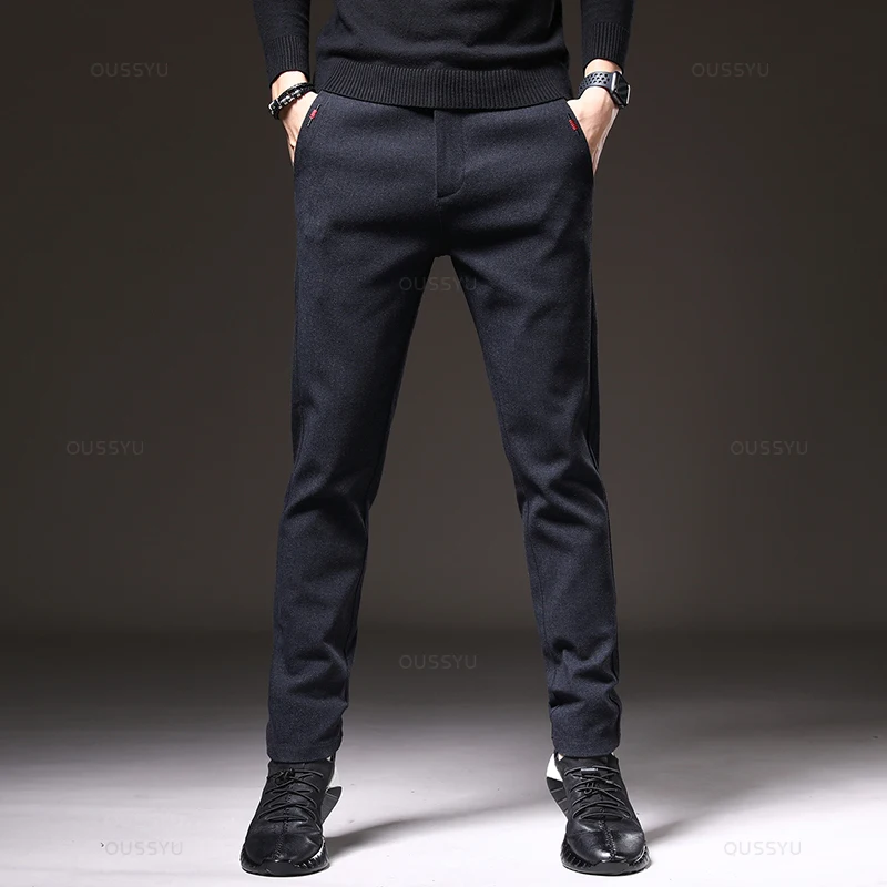 Winter Fleece Warm Men's Brushed Fabric Casual Pants Business Fashion Slim Fit Stretch Thick Velvet Cotton Trousers Male 28-38