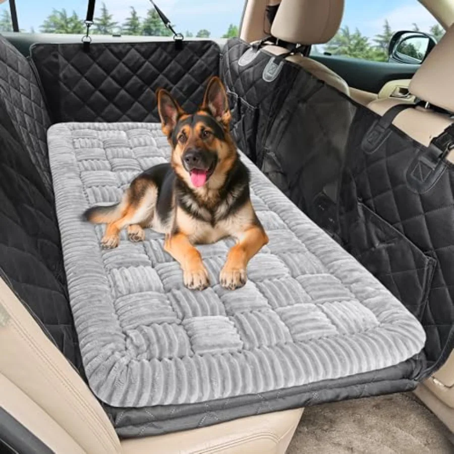 

Dog Car Bed Mat for SUVs Sedans Trucks, Plaid Light Gray Chew-Resistant Non-Slip Backseat Extender Pet Blanket, Easy Clean Scra