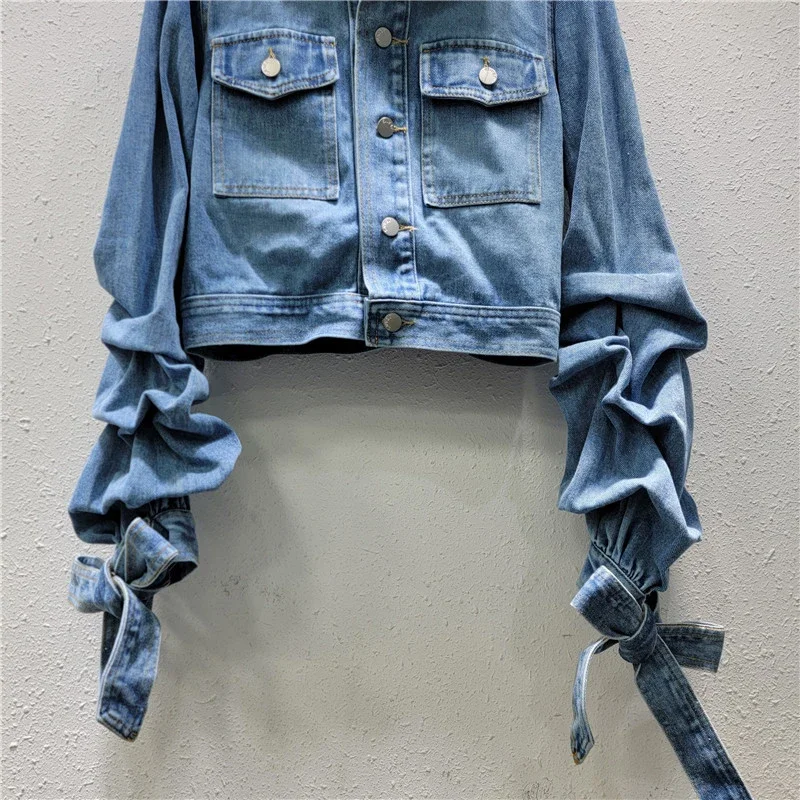 2024 Autumn New Lapel Bow Design Women's Denim Jacket Fashion Versatile Long Sleeve Short Coat Female Trendy