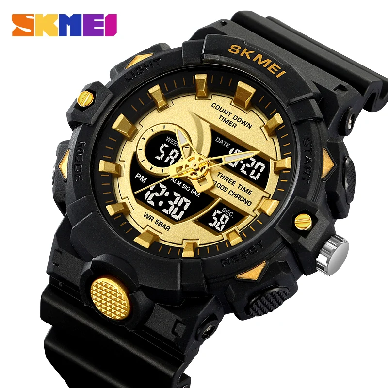 SKMEI Youth Sport 3 Time Digital Watch Men Shockproof Waterproof Dual Wristwatches LED Chrono Alarm Clock Mens Watches Cool Hour