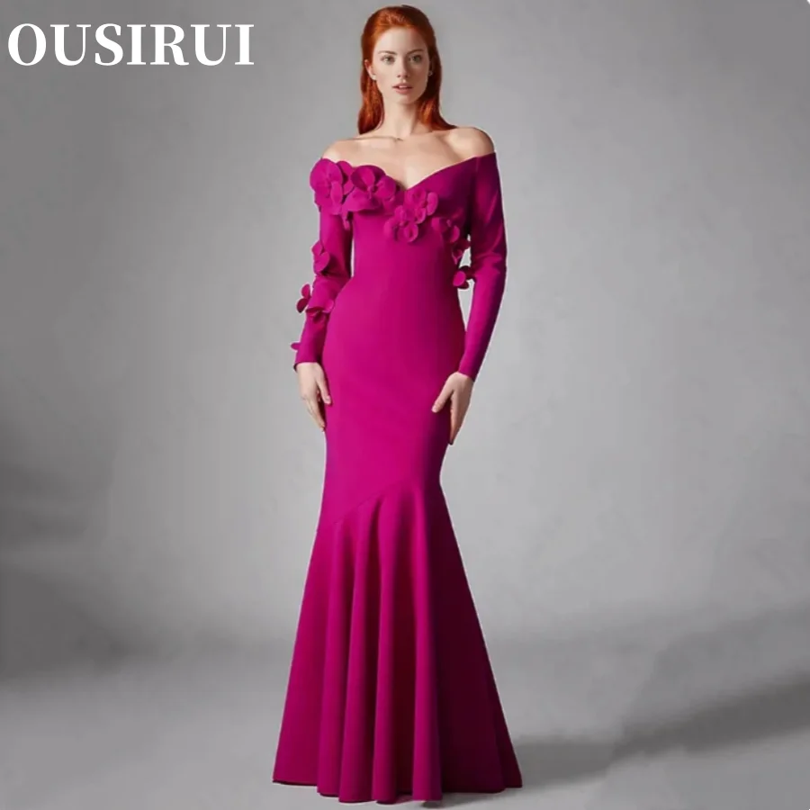 OUSIRUI-vestido de noche de manga larga con cuello en V, traje Formal de sirena fucsia, con flores en 3D, de lujo