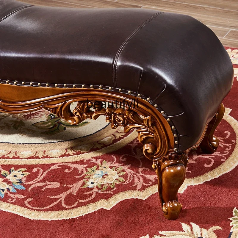 

32Европейский кожаный прикроватный табурет первого слоя, полностью резьба по дереву, цветок, скамейка, американский прикроватный табурет