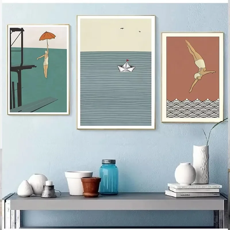 Vintage Surfing Beach Poster Abstract Female Diver Canvas Painting Swimming Pool Wall Art Picture for Living Room Home Decor