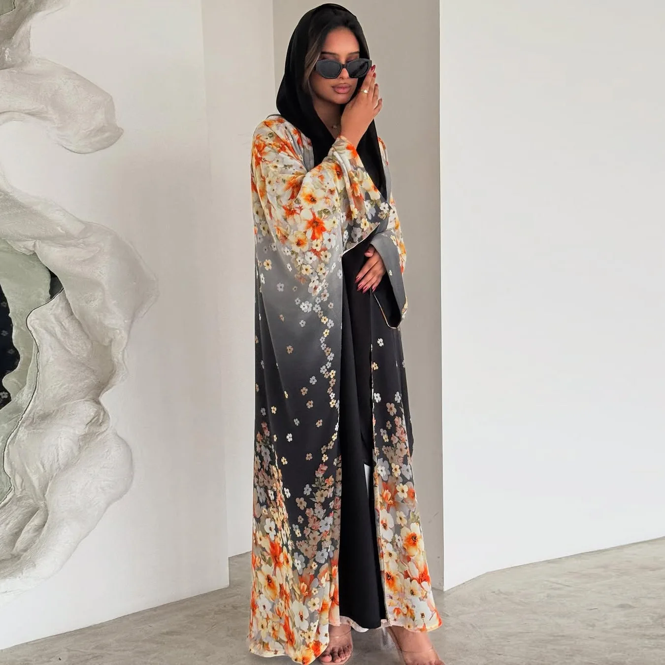 Morocco Floral Print Open Front Abaya Women Dress Kimono Cardigan Muslim Kaftan Jalabiya Caftan Femme Robe Islam Clothing Loose