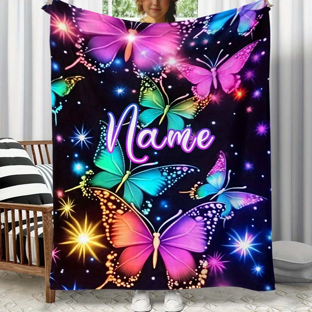 

1pc Personalized Neon Glow Butterfly Fleece Blanket with Custom Name, Soft Warm Customized Throw Blanket