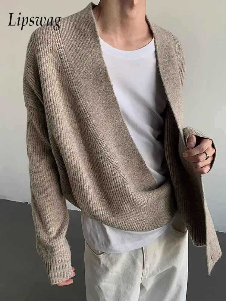 

Trendy Irregular Button V Neck Sweatercoats Men Vintage Solid Color Knitting Slim Fit Jacket Mens Autumn Winter Casual Cardigans
