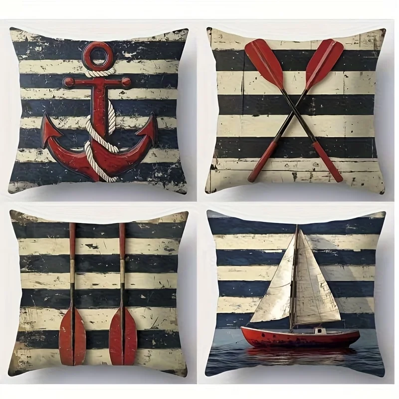 4PC Nautical Theme Throw Pillow Covers Coastal Decor Ocean Life Sailor Anchor Boat Beach House Accent Pillow
