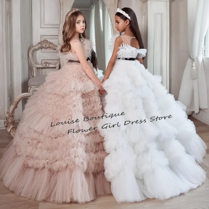 

Luxury Flower Girl Dress Tulle Pink And White Tiered Black Bow Belt Short Sleeve For Wedding Birthday Banquet princess Gowns