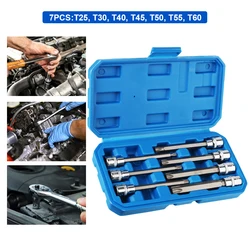 Torx Star Bit Socket Set Drive Extra Long Chrome-Vanadium Steel 7Pcs T25, T30, T40, T45, T50, T55, T60 Size 3/8inch