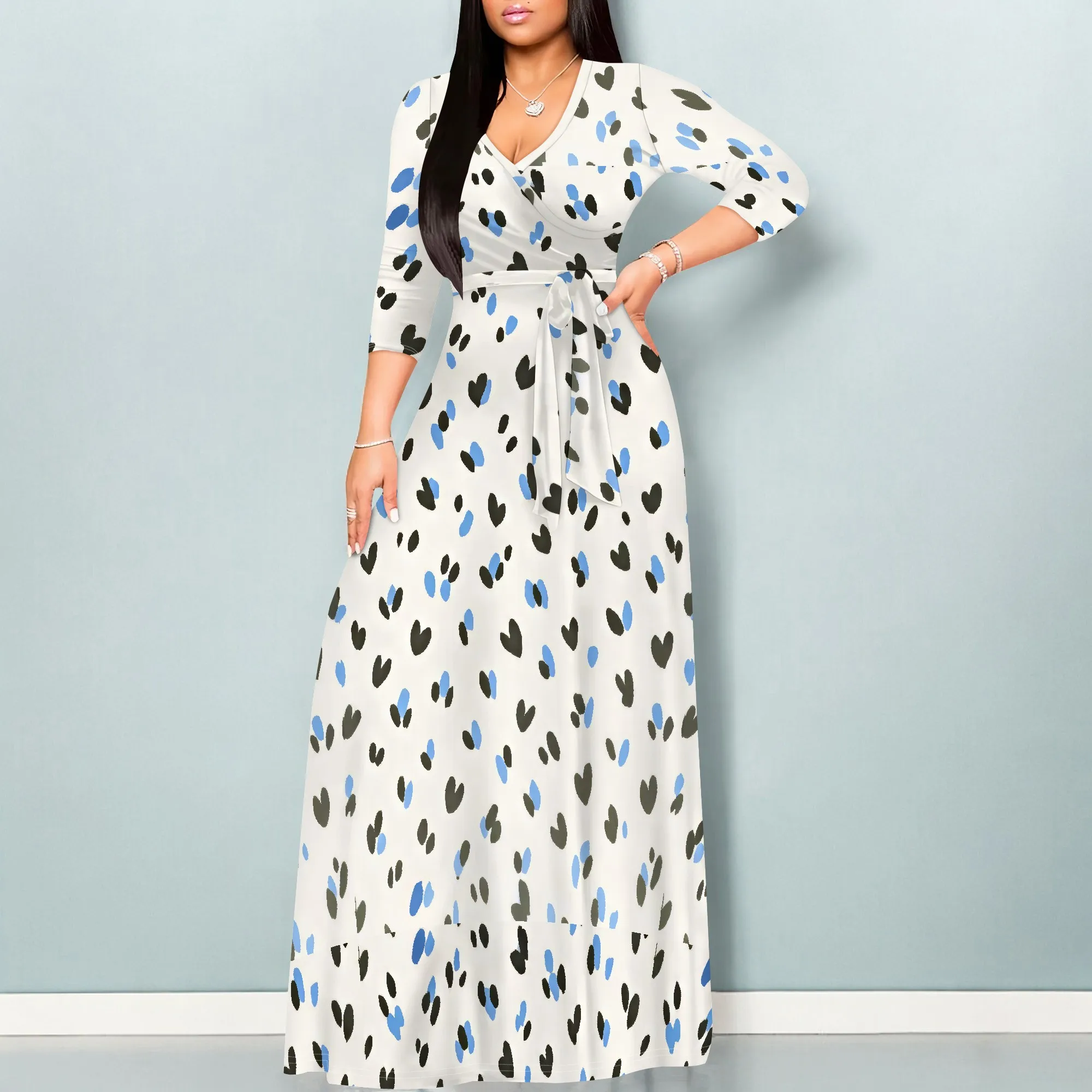 Abito lungo da donna con scollo a V, casual, maniche a 3/4, abiti lunghi sexy, floreali con cintura