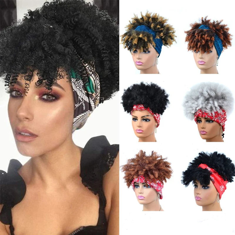 Short Kinky Curly Headband Wigs For black women Afro Bouncy Curly Wigs with Scarf Synthetic Black Cosplay Wig Heat Resistant