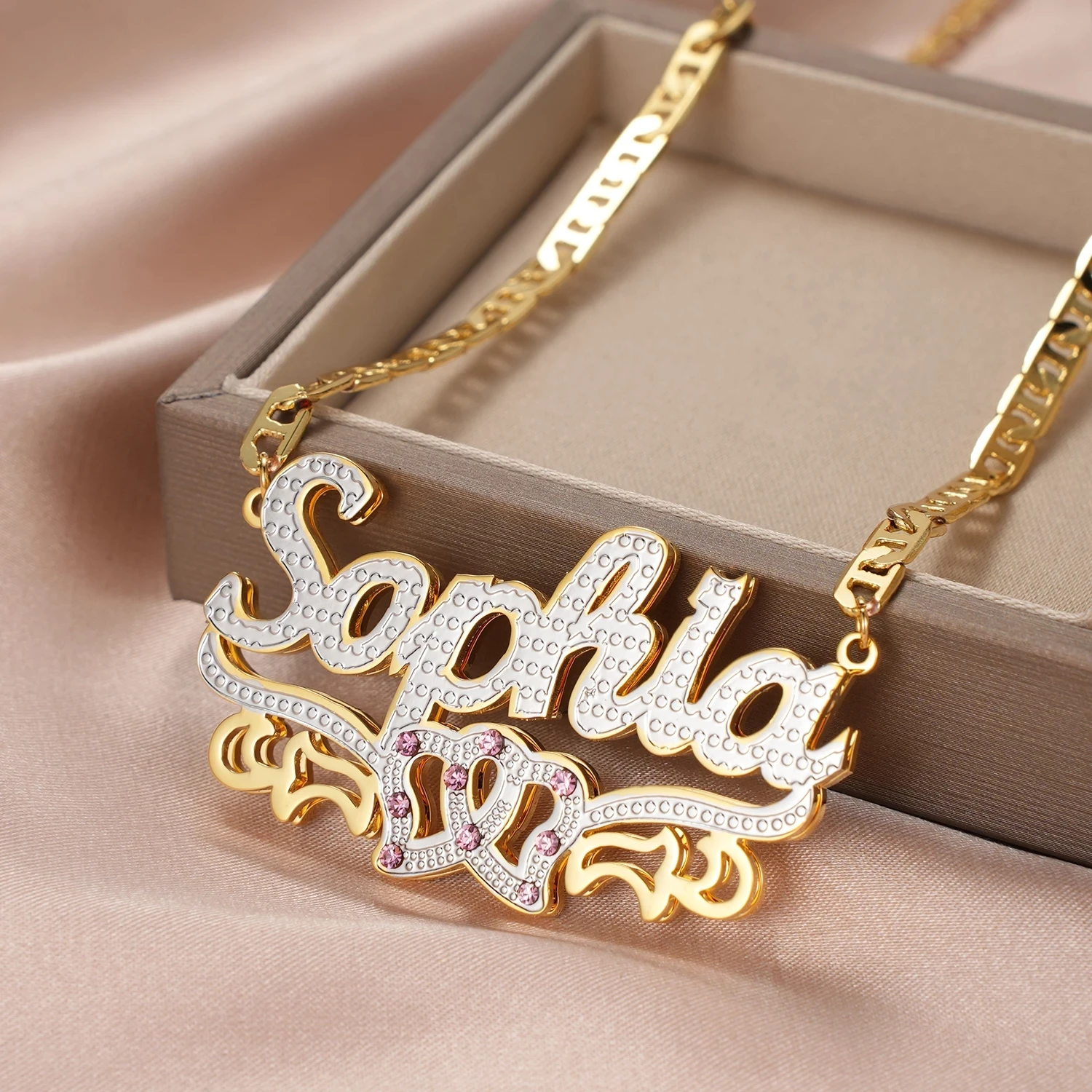 

Dascusto Personalized Nameplate Name Necklace Custom 3D 18KGold Plated Double Diamond Choker Pendant Two-Tone Chain For Women