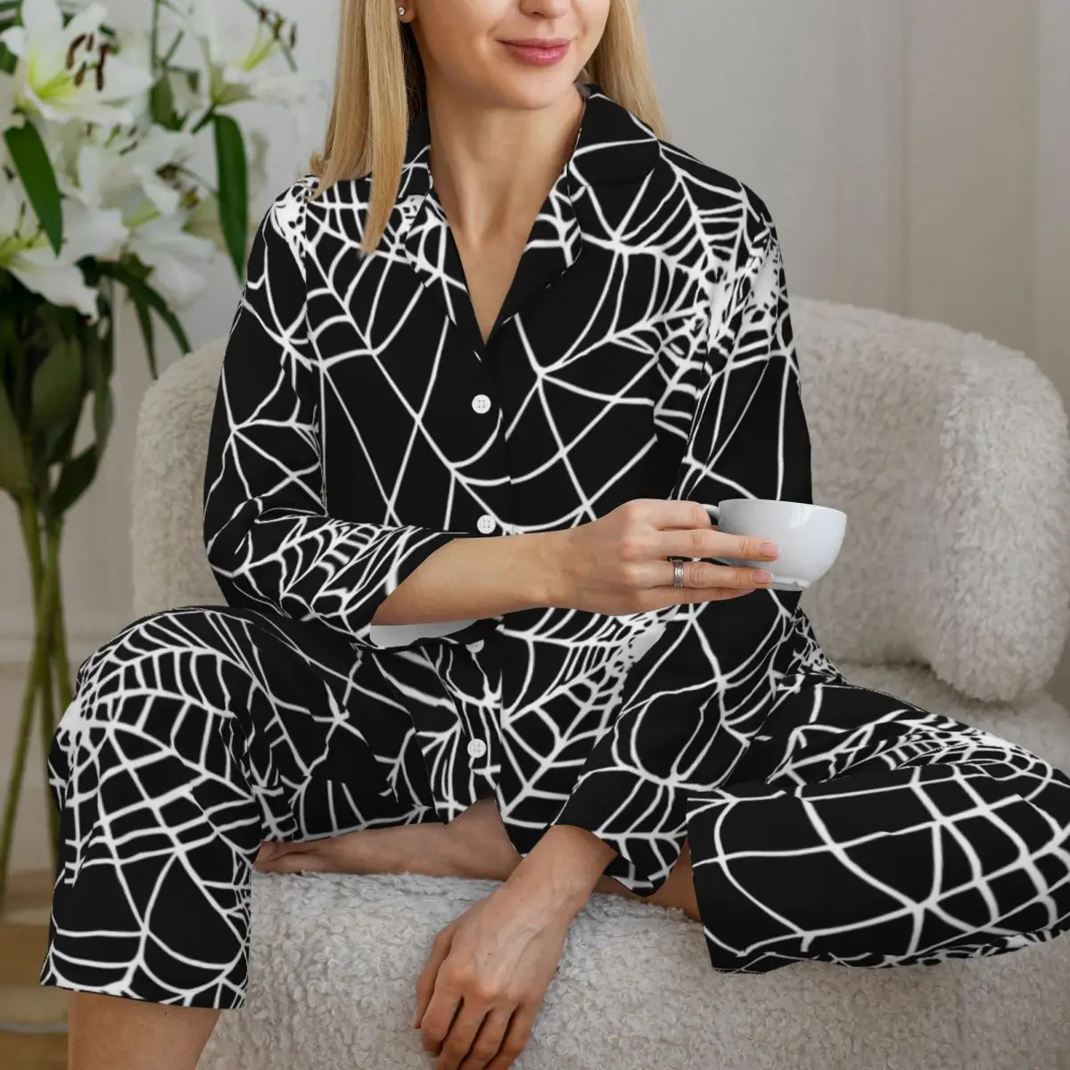 Halloween Print Pajama Set Autumn White Spider Web Cute Room Sleepwear Women Two Piece Vintage Oversize Pattern Nightwear Gift