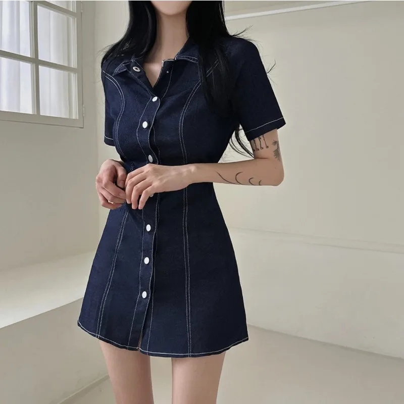 

Korean Style Chic Denim Dress for Women's Summer Turn-down Collar Short-sleeved Slim Fit A-line Dress Fashion Female Clothes
