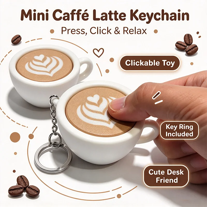 Cute Simulation Latte Coffee Cup Clicker Fidget Toy Keychain Mini Portable Bag Pendant Stress Relief Key Charm Novelty Desk Gift