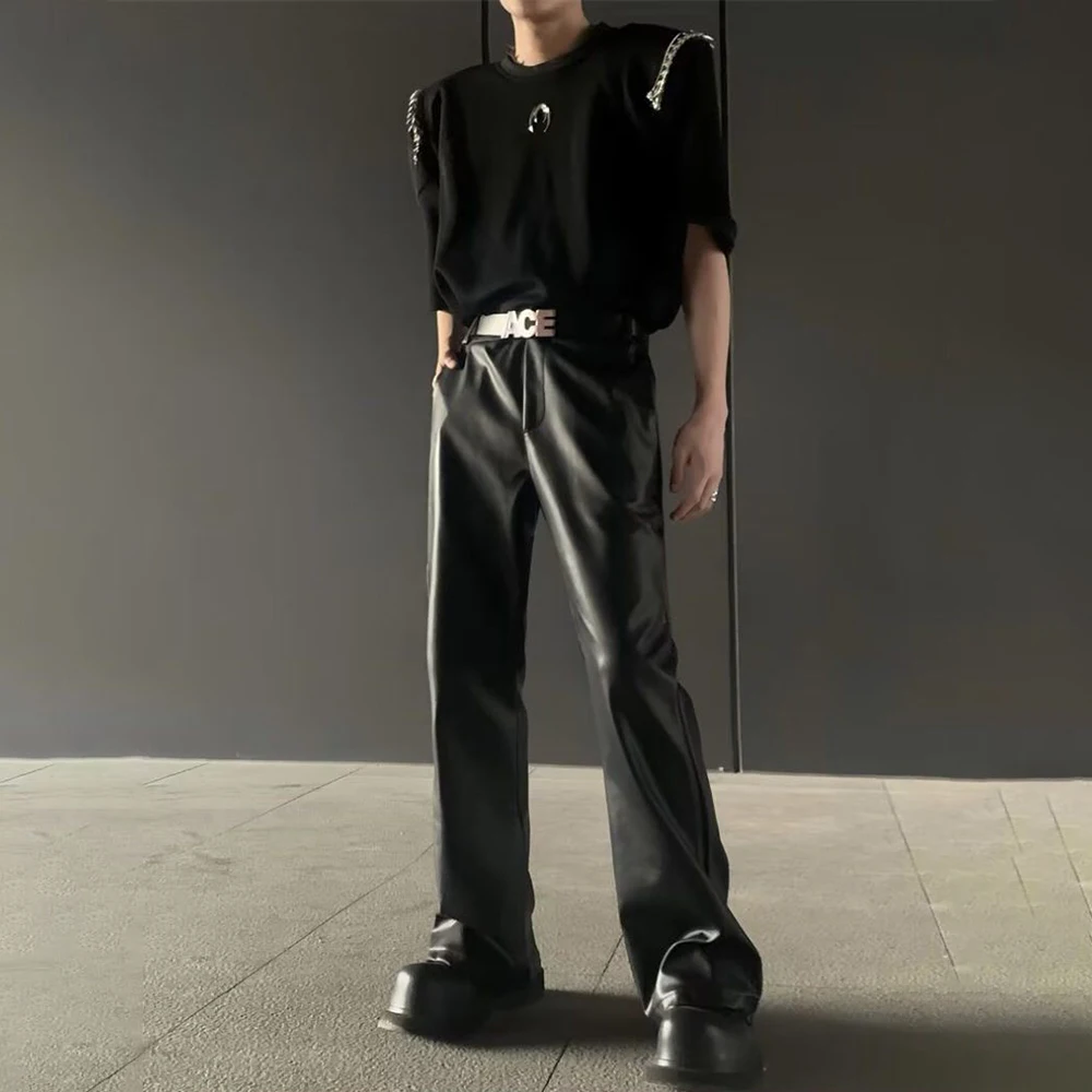 

2025 New Men's Solid Color Straight Pu Leather Trousers American Retro Fashion Trend High Street Loose Casual Niche Men's Tops