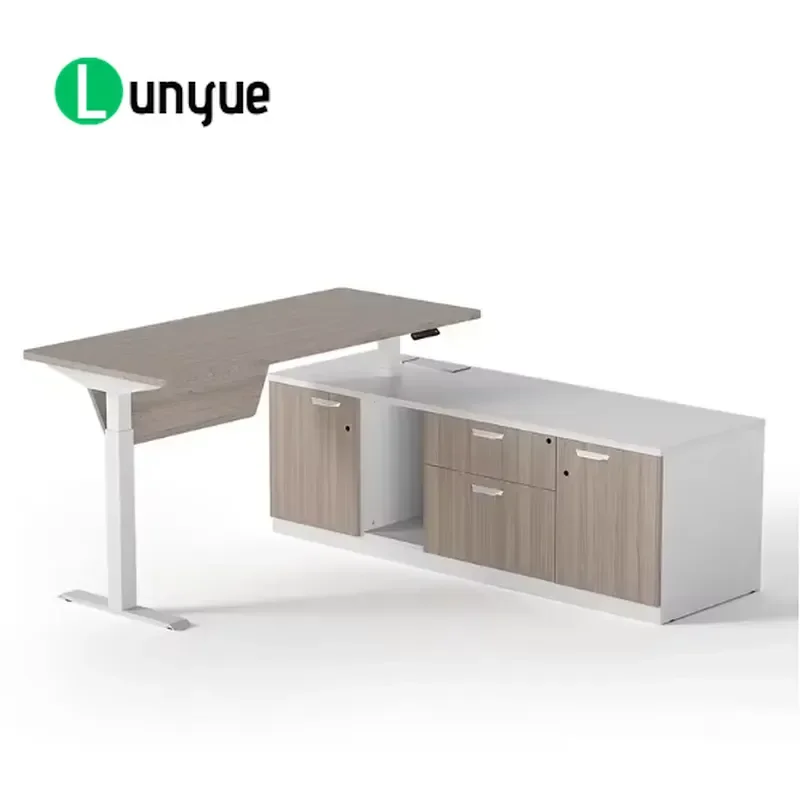 L-Shaped Executive Desk Standing Table Adjustable Height Dual Motor with Drawer and Lockable File Cabinet for Home Office