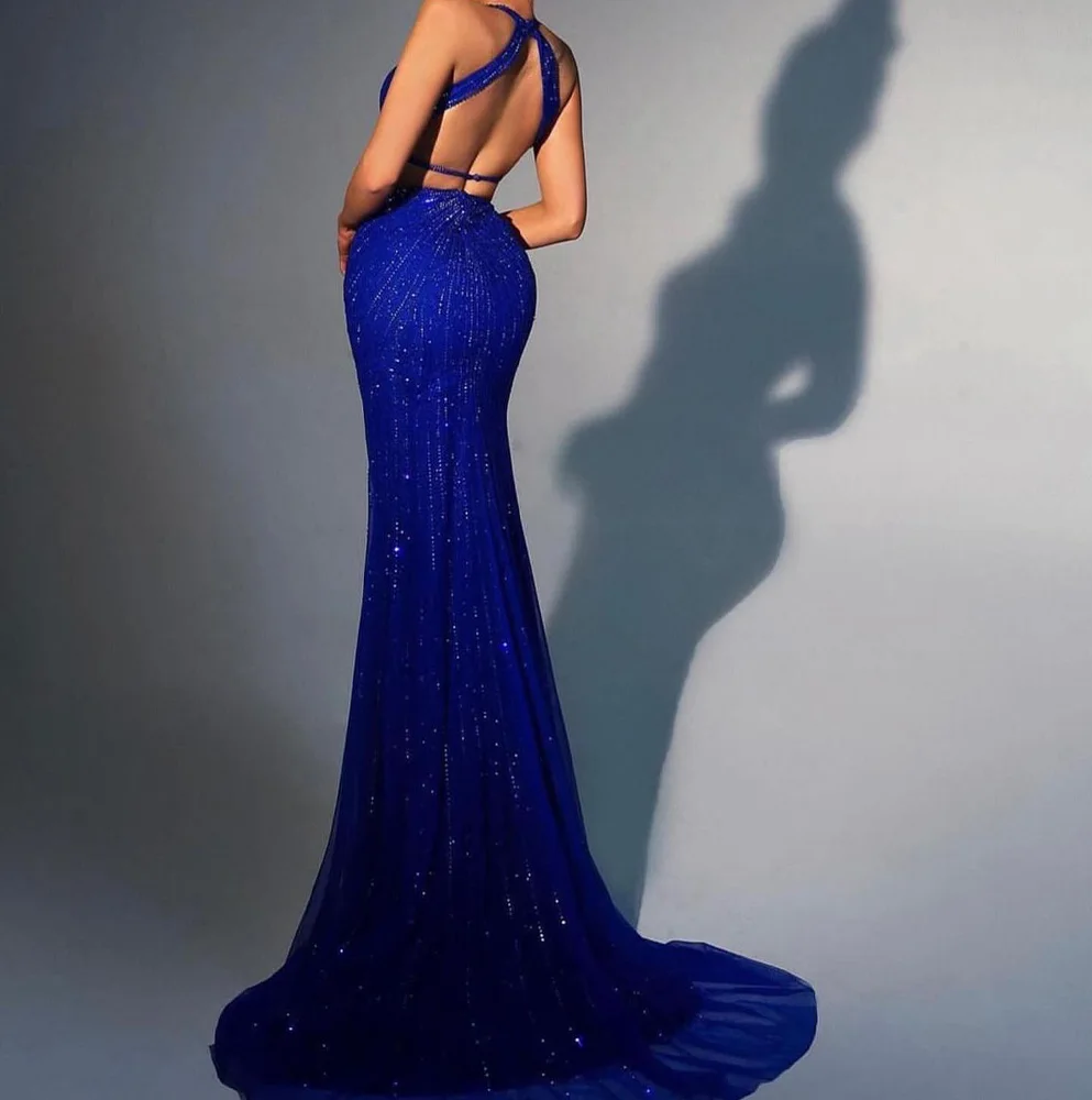 Mermaid Halter Front Slit Organza Blue Luxury and Temperament Prom Gowns Crystal Pleats Backless Open Back Saudi Arabia 2024