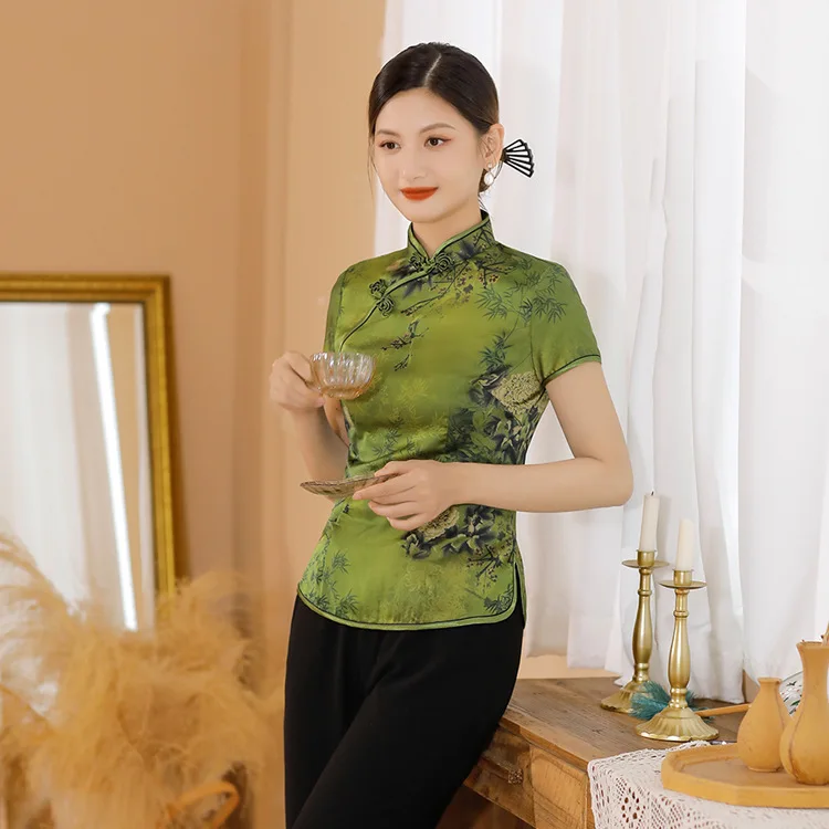 

Elegant Green Qipao Women Satin Silk Tang Clothes Vintage Chinese Style Top Print Floral Cheongsam Short Sleeve Hanfu Shirts