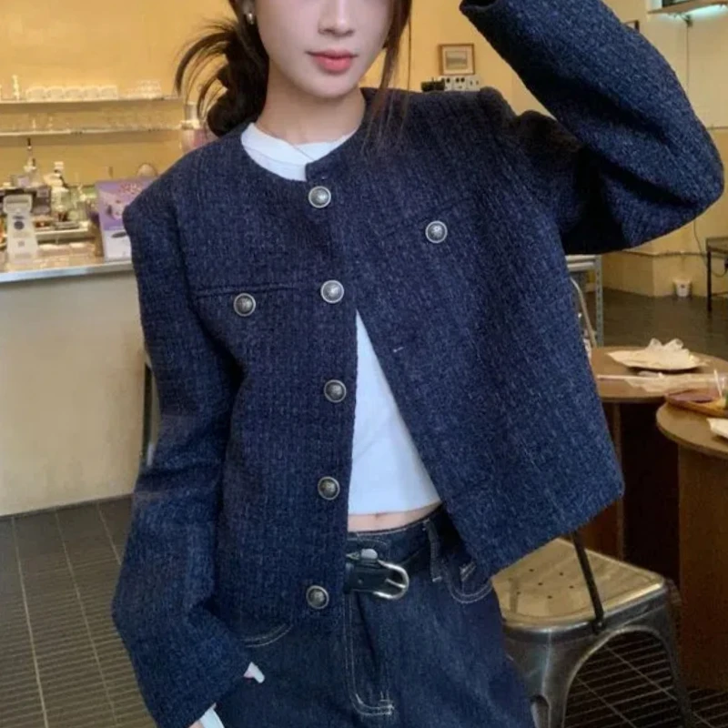 Autumn Winter New Fashion Round Neck Long Sleeve Plaid Xiaoxiangfeng Jacket Women's Clothing Button Korean All-match Trend Tops